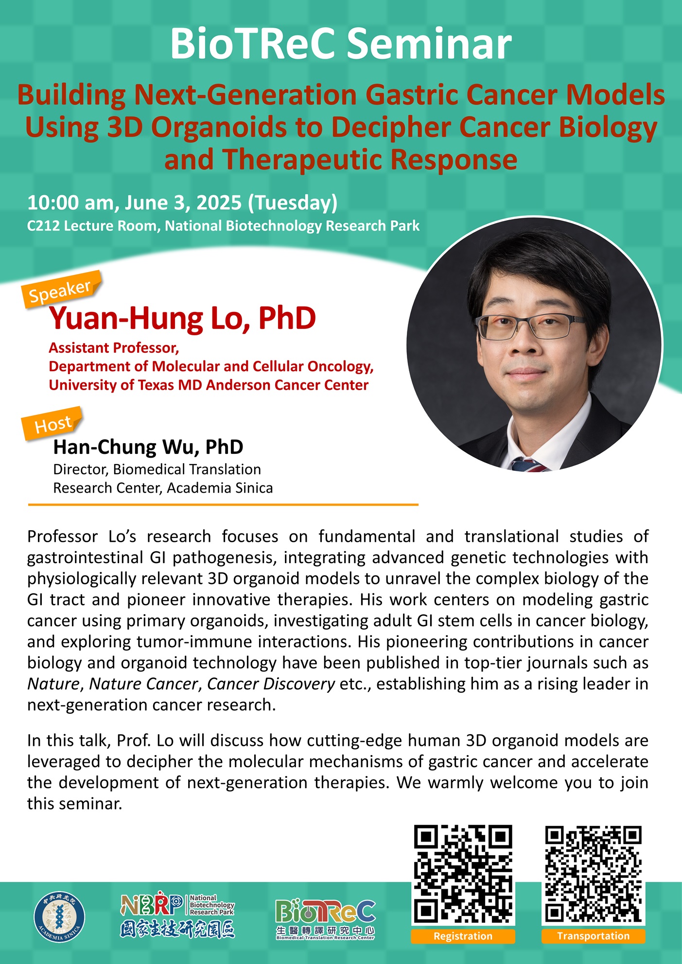 AS-BioTReC】誠摯邀請參加2025年6月3日美國德州大學羅元宏教授(Prof. Yuan-Hung Lo)演講